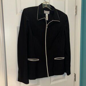 Liz Claiborne Wool Blend Zip Front Black Blazer Suit Jacket White Piping 12